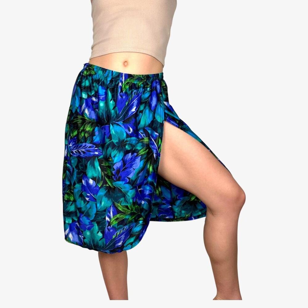Blue tropical coverup midi skirt slit vintage resort - Jantzen - size small